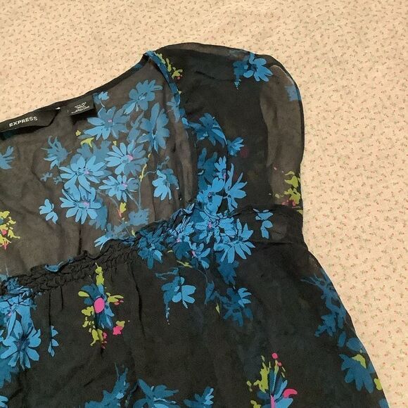 Express Vintage Silk Whimsigoth Black Floral Sheer Fairy Milkmaid Blouse 13/14 - Picture 4 of 13